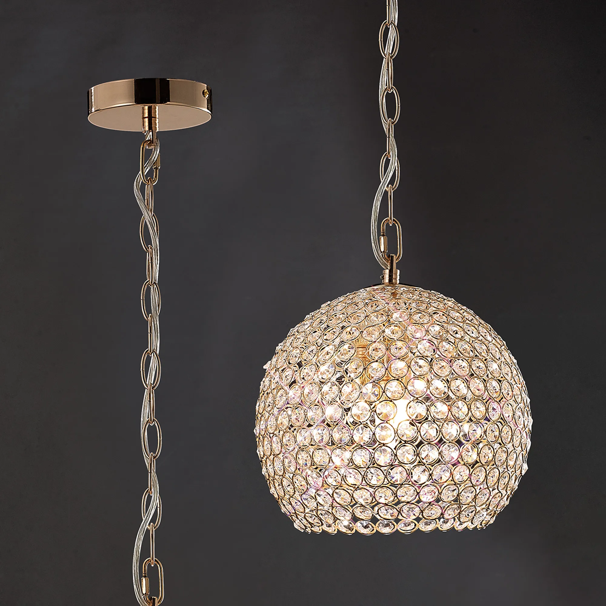 Ava French Gold Crystal Ceiling Lights Diyas Single Crystal Pendants